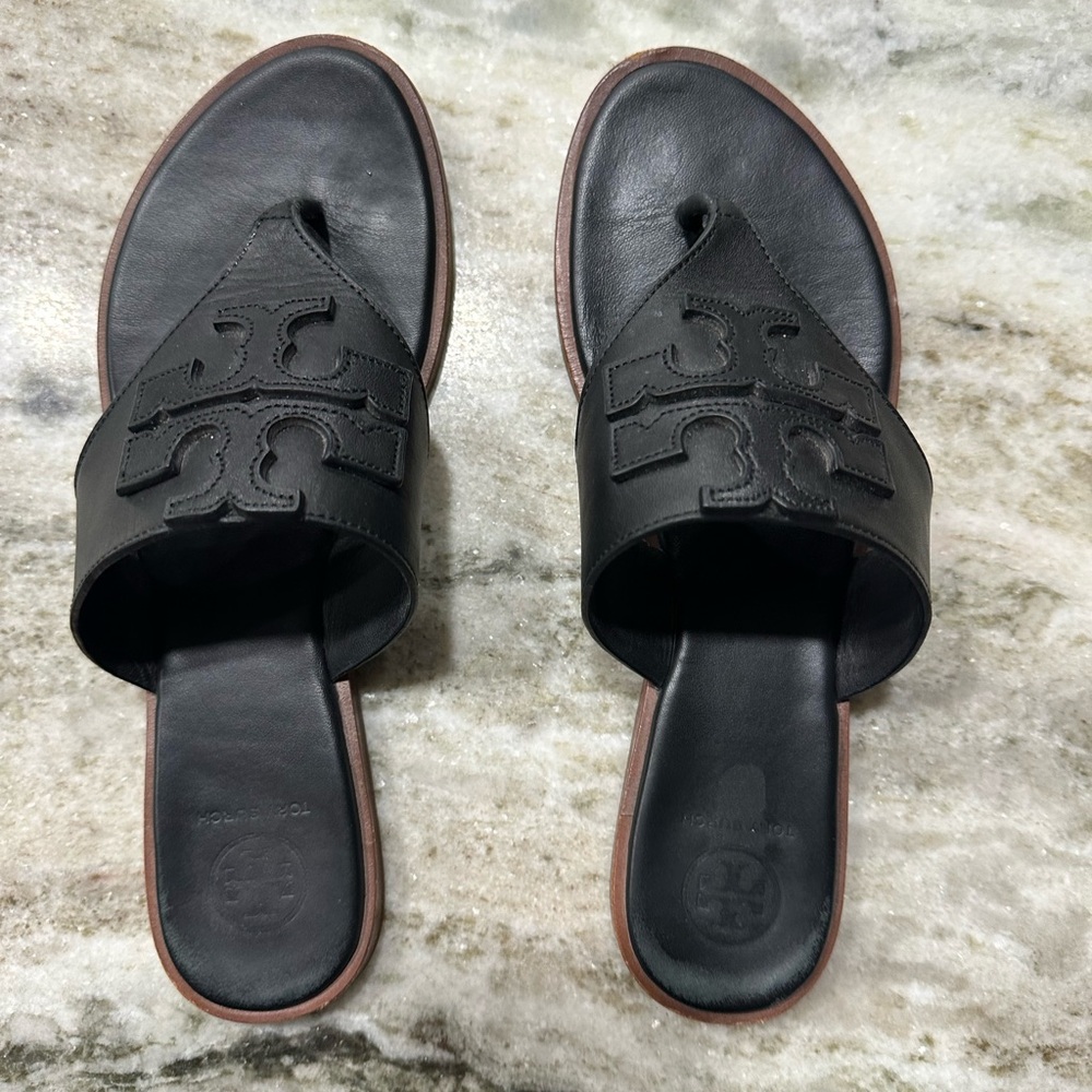 Tory Burch Black Leather Sandals with Woven Design